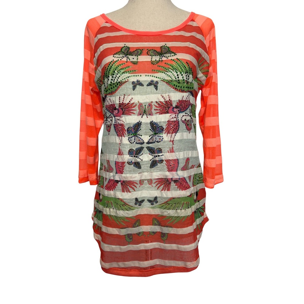 Custo Barcelona Women's M Top Neon Orange Striped Parrot Butterfly Graphic Artsy